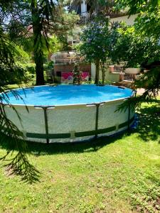 ein großer Pool im Gras im Hof in der Unterkunft Villa Butterfly in Budapest