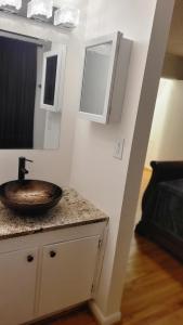 a bathroom with a sink and a mirror on a counter at Evergreen Estates 3-Bedroom Private in Fayetteville