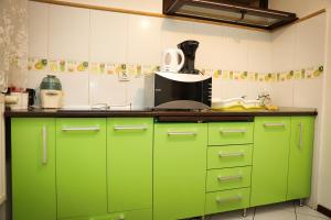 a kitchen with green cabinets and a counter top at Pensiunea Giovani in Târgu Jiu