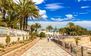 a cobblestone walkway near the beach with palm trees at Casa Maye Terrazas de Campoamor in Orihuela