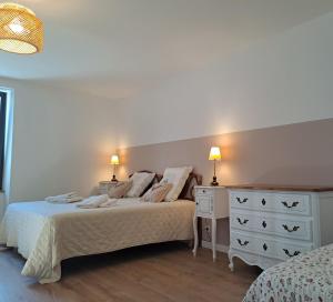 a bedroom with two beds and a dresser and two lamps at La Maison du Pouget in Fénols +46 photos