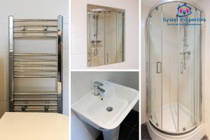 Dos fotografías de un baño con ducha y lavabo. en Syster Properties Comfortable Leicester Glen Cottage Stay with Free Parking LE3, en Leicester 8 fotos más