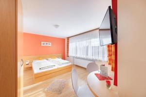 a room with a bed and a table and a tv at Erkheimer Landhaus in Erkheim +23 photos