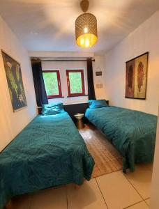 デュルビュイにあるAppartement Durbuy avec piscine et activitésのベッド2台とシャンデリアのある寝室 +17枚の写真