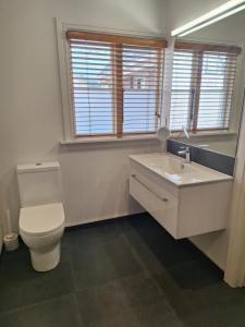 une salle de bain avec toilettes, lavabo et miroir dans l'établissement Hansen Park Guest Cottage, à Christchurch 3 autres photos