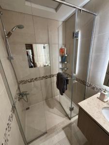 a bathroom with a shower and a sink at Serene Studio In Yas Island - Near Zayed Int Airport in Abu Dhabi +16 photos