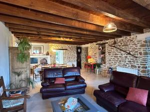 Nohant-VicにあるMaison berrichonne authentique avec jardin, près du Domaine de George Sand et activités variées - FR-1-591-195の石壁のリビングルーム(革製家具付)