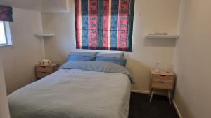 a bedroom with a bed with blue pillows and a window at Home stay - Double Bed at Churton Park in Wellington