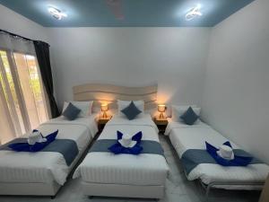 three beds in a room with blue pillows at Infinity Beach Dhigurah in Dhigurah
