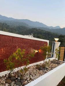 维特利Charming View 'A' Frame 2BHK Villa- Wayanad的一堵砖墙，上面有一堆植物和岩石