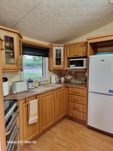 サドベリーにあるThe Duck - Free Fishing, pets welcome - static caravan in Clare, Suffolkの木製のキャビネットと白い冷蔵庫を備えたキッチン