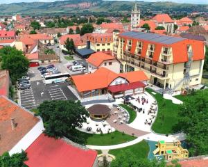 an overhead view of a town with a building at Hotel Leul de Aur in Sebeş
