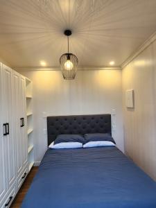 北帕默斯顿Cozy self contained Tiny Home的卧室里有一张大床，上面铺着蓝色毯子