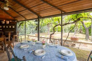 a table with a blue table cloth and plates on it at Villa delle Rose by VacaVilla in Magione +46 photos