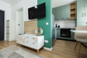 a kitchen with a flat screen tv on a green wall at Dahlia Blooming Studio in Baia Mare