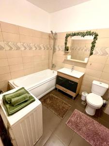 a bathroom with a tub and a toilet and a sink at Cluj City Vivo Apartament Ametist in Floreşti