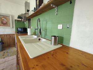 GrignolsにあるMaison de campagne sur 2 hectaresのシンクが2つあり、緑のタイルが敷かれたキッチンカウンター +9枚の写真