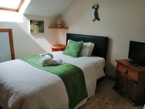 a bedroom with a bed with a cat on the wall at Puffin rooms in Lisdoonvarna
