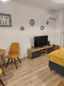 a living room with a television and a bed at Apartman Liliom in Subotica