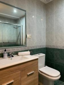 a bathroom with a toilet and a sink and a mirror at Carballeira in Moraña +22 photos