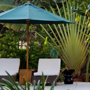 two chairs and a blue umbrella in a garden at Owa Lodge Areguling in Kuta Lombok