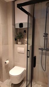 a bathroom with a toilet and a shower stall at Room with jungle bathroom in Dubrovnik