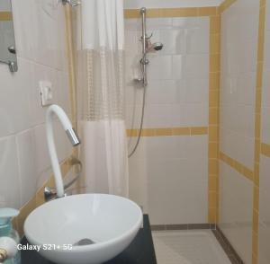 a bathroom with a white sink and a shower at Masseria La Rocca in Pacentro