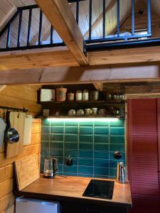 a kitchen with green tile on the wall at Domek Samice in Samice