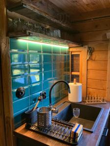 a kitchen with a sink and a counter top at Domek Samice in Samice