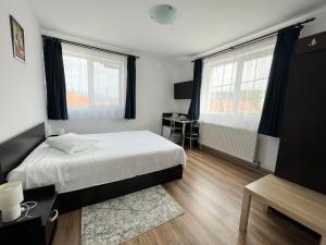 a bedroom with a bed and a desk and two windows at Pensiunea Aliart in Zărneşti