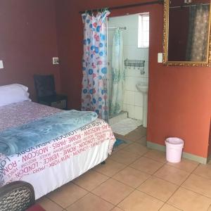 a bedroom with a bed and a bathroom with a shower at MONGILO GUESTHOUSE in Windhoek