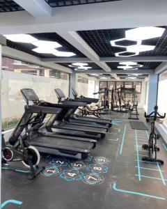 un gimnasio con filas de cintas de correr y máquinas elípticas en The Opulent siayapark apartments, en Nairobi