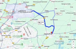 a map of a road with a blue at Studio Cozy proche aéroport CDG in Claye-Souilly