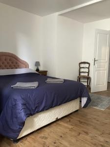 a bedroom with a bed with a blue comforter and a chair at Apartment Centre Historic in Marvejols
