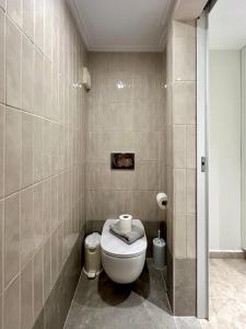 a bathroom with a toilet in a tiled wall at Zouzoulas Filoxenia - Koralia Apartments in Mil&iacute;na