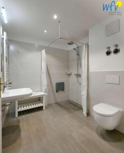 a bathroom with a toilet and a sink and a shower at Haus am Hövt - Ferienwohnung 10 in Göhren
