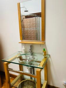 Chasseneuil-sur-BonnieureにあるMoulin du Fontcourtのバスルーム(ガラスの洗面台、鏡付)