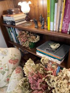 a book shelf with books and flowers and a chair at Apartamento en Casa Patio "Pan y Conejo" in Córdoba
