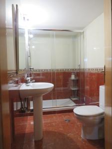 Un baño con lavabo, ducha e inodoro. en Casa da Ponte Bragança, en Bragança 7 fotos más