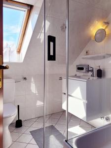 ein Badezimmer mit Dusche, Waschbecken und Toilette in der Unterkunft Kostengünstige & charmante Ferienunterkunft ohne Küche und in Strandnähe - Ideal für Kurztrips oder 1-Nacht Aufenthalte in Scharbeutz