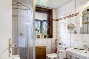 a bathroom with a shower and a toilet and a sink at Ferienwohnung-Cottage Rhöner Kräute in Buttlar +23 photos