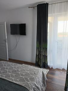 a bedroom with a bed and a tv on a wall at Charlye Apartament in Craiova