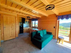 a living room with a green couch and a kitchen at Domek na łąkach in Grywałd