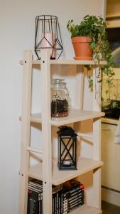 a ladder shelf with plants and a lamp on it at Ferienwohnung mit Bergblick & Netflix in Oberammergau +5 photos