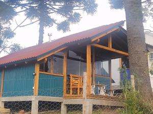 a blue house with a tree in front of it at Na'raucária in Cambará