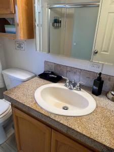 a bathroom counter with a sink and a toilet at Ocean Front Cabin 16, Jacuzzi & Incredible Views in Smith River +44 photos