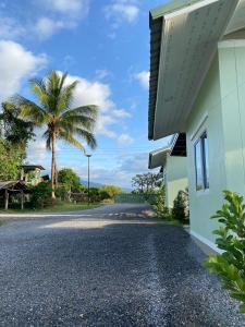 a road with a palm tree and a building at Greathill Gardenhome Resort Chomthong-Chiangmai in Chom Thong
