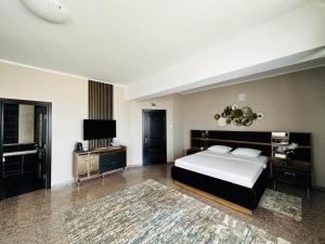 a large bedroom with a bed and a television at Vila Aquamarine in Eforie Nord