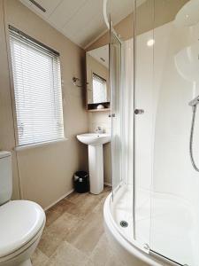 a bathroom with a shower and a toilet and a sink at 2 Lakeside, Luxury lodge with private garden & parking in Patrington +12 photos