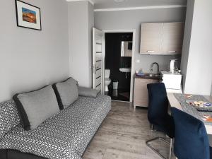 ein Wohnzimmer mit Sofa und eine Küche in der Unterkunft 4 Foxes in Ustka